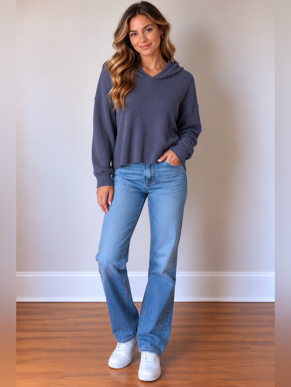 Pink Rose Ribbed Cowl Neck Hoodie Sweater - Slate Blue